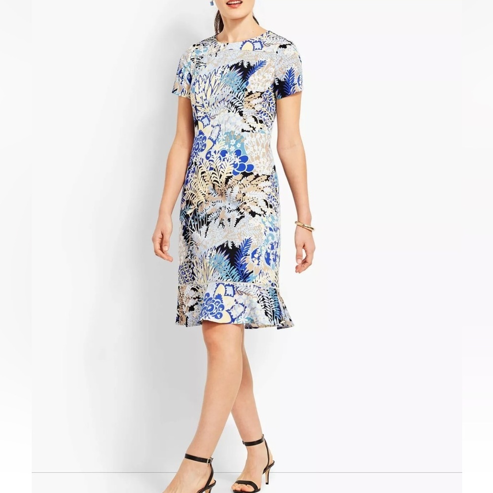 Talbots Blue & Cream Floral Print Short-Sleeve Shift Dress